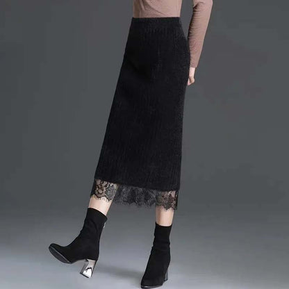 Women's Autumn and Winter Fashion Warm Imitation Mink Fleece Skirt Thick Knit Mid-length Slit Bag Hip Wool One-step Long Skirt