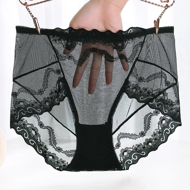 Black Plus Size Mid High Waist Panties Ladies Sexy Lace Mesh Seamless Transparent Ladies Briefs Transparent Hollow Out Panties