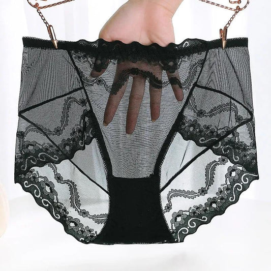 Black Plus Size Mid High Waist Panties Ladies Sexy Lace Mesh Seamless Transparent Ladies Briefs Transparent Hollow Out Panties
