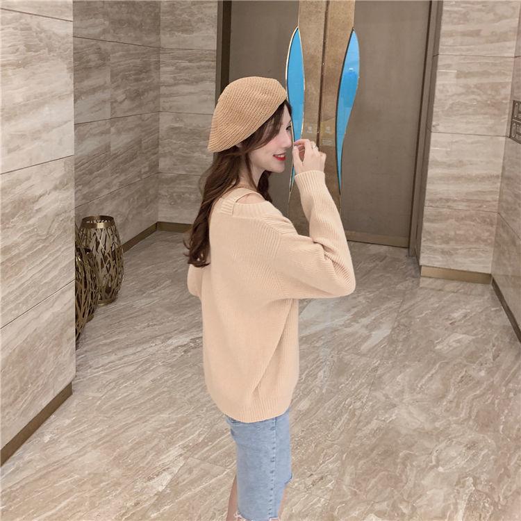 Sweater Women Loose Outer Wear Gentle Temperament Off-shoulder Long-sleeved Solid Color Pullover Sweater Top