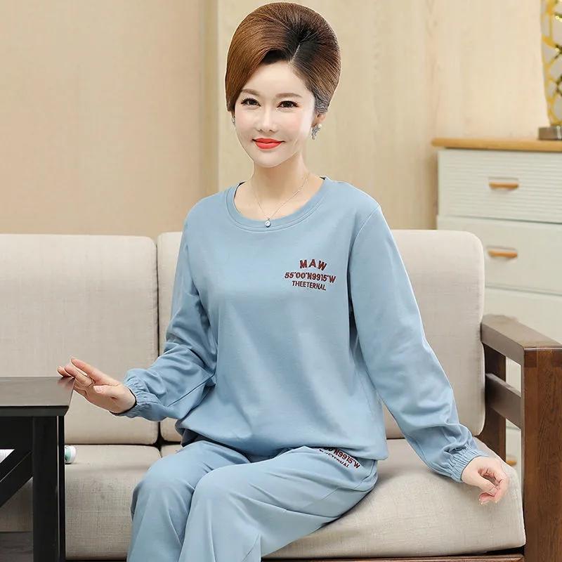 Women's Long Sleeve Pajamas Suit Spring Autumn Cotton Sleepwear Set Winter Warm Big Size Loose Casual Home Wear Cute Nightwear Pullover Round Collar
