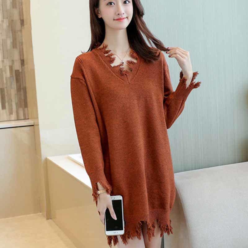 Autumn  Winter Women's Mid-length Sweater Ripped Tassel Sweater Casual Loose Knit Sweater Dress Outer Wear