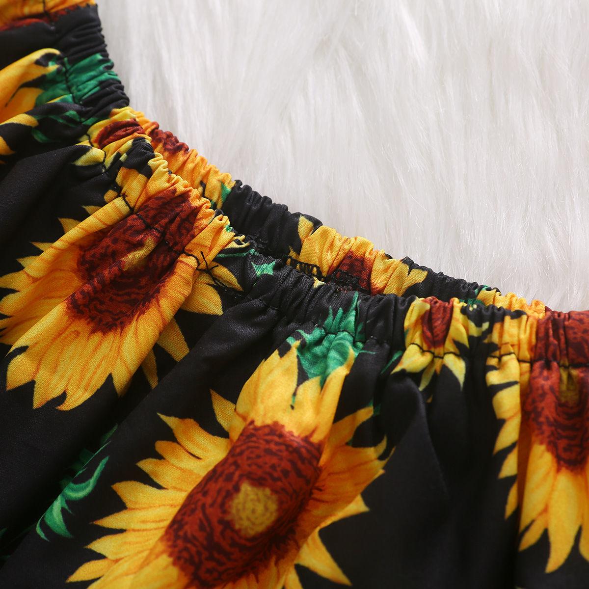 Toddler Baby Girl Clothes Off Shoulder Sunflower Print Tops Ripped Denim Pants Headband 3Pcs Outfits