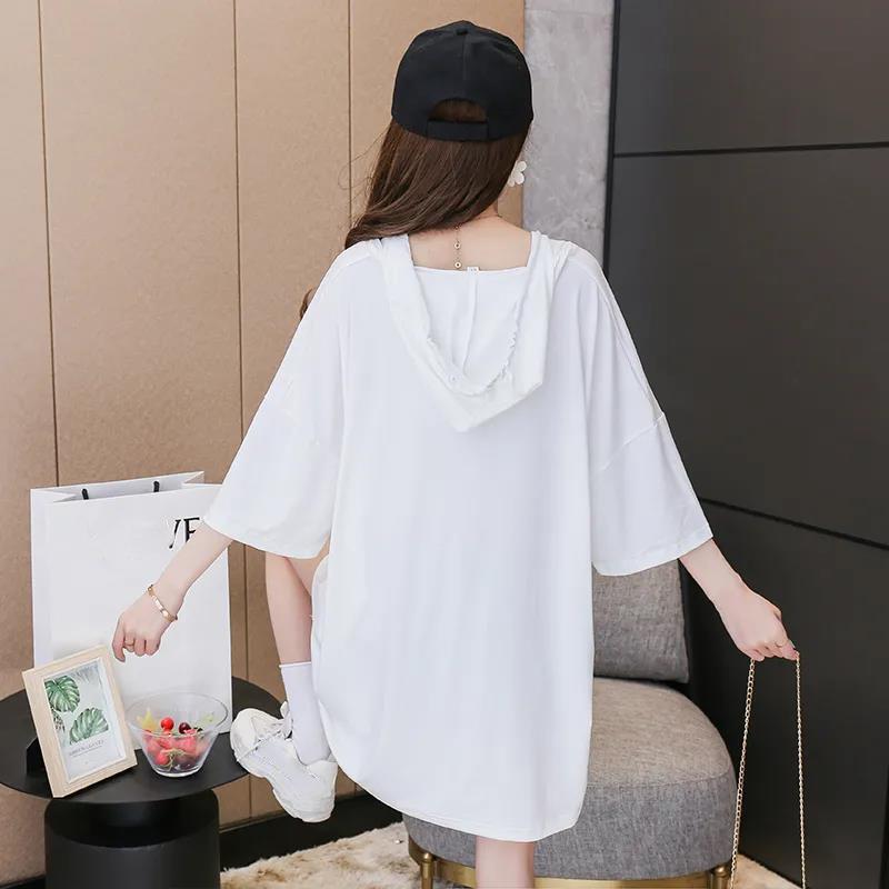 Mid-length Summer Dress Hooded Women Girl Loose V-Neck Casual Long T-shirt Dress Big Loose Home Comfort Outer Convenient