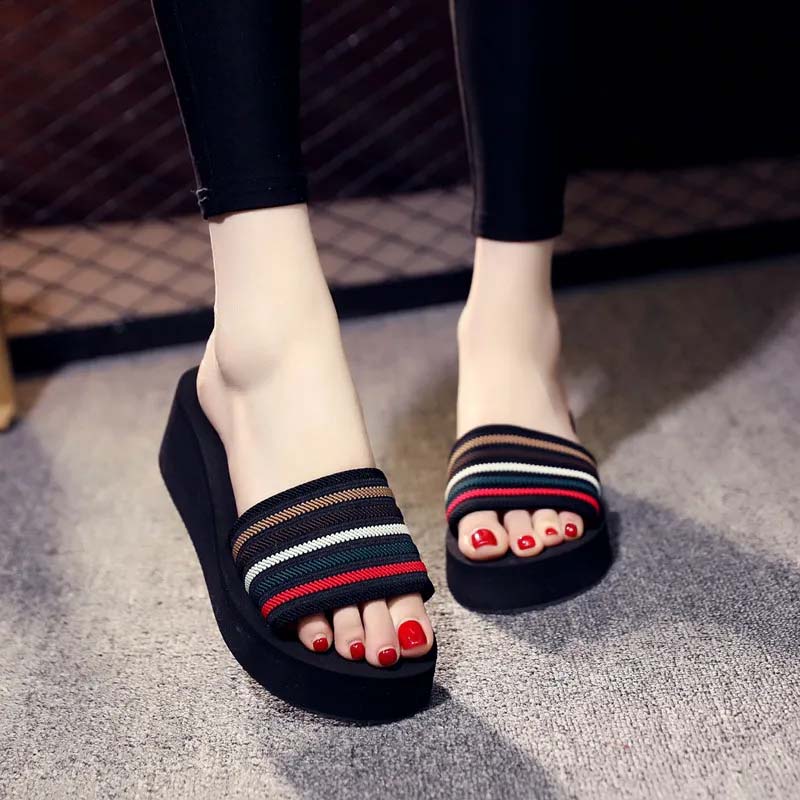 Thick-soled Beach Slippers Women's One-word Slippers Summer Casual Sandals All-match Outer Wear Seaside High-heeled Flip-flops Holiday Stripes Shoes
