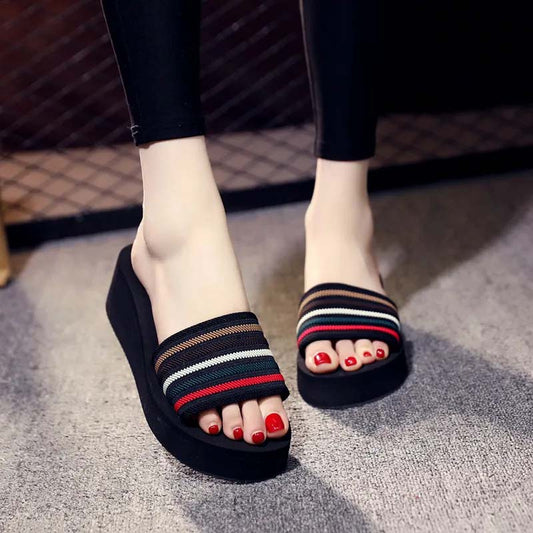 Thick-soled Beach Slippers Women's One-word Slippers Summer Casual Sandals All-match Outer Wear Seaside High-heeled Flip-flops Holiday Stripes Shoes