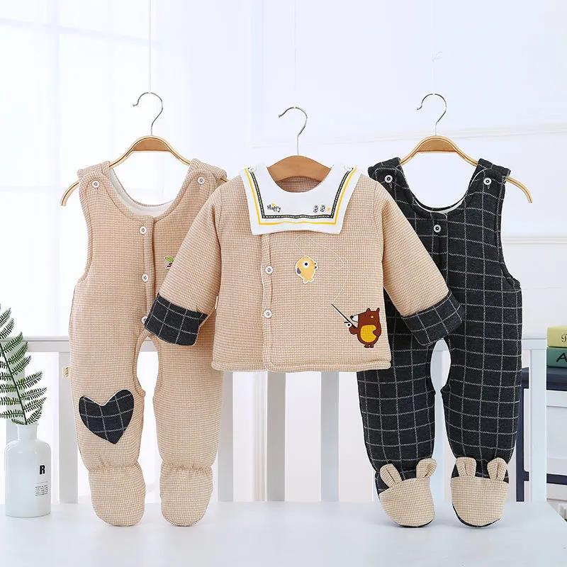 Newborn Baby Cotton Clothes Three-piece Suit Thick Autumn and Winter Pure Cotton Baby Bib with Foot Warm Children's Cotton Clothes