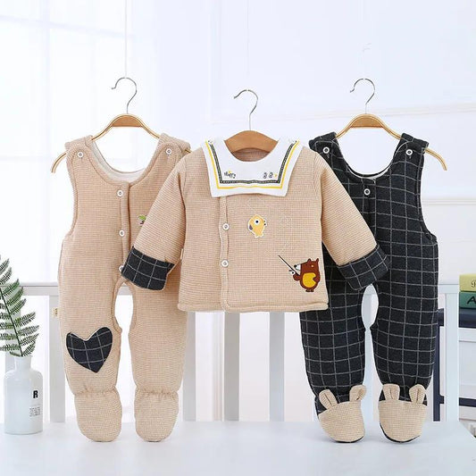 Newborn Baby Cotton Clothes Three-piece Suit Thick Autumn and Winter Pure Cotton Baby Bib with Foot Warm Children's Cotton Clothes