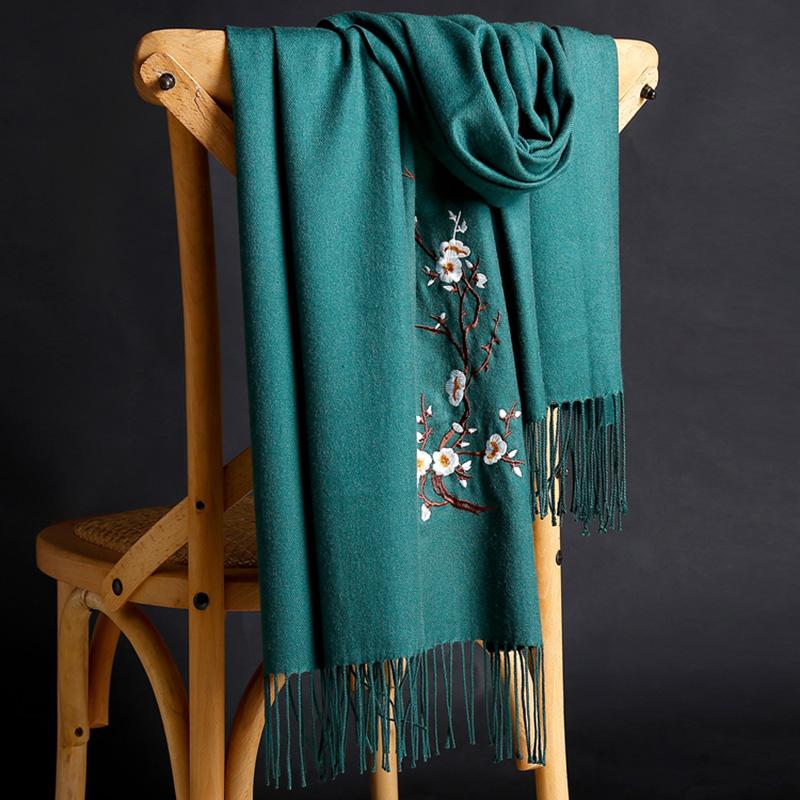 Pure Color Imitation Cashmere Embroidered Scarf Mid-length Ladies Ethnic Style Tassel Shawl Warm Scarf Soft Fabric Women's Shawl