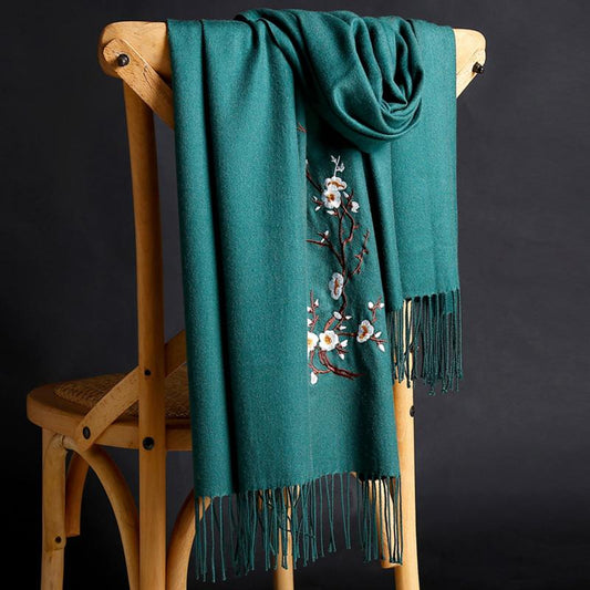 Pure Color Imitation Cashmere Embroidered Scarf Mid-length Ladies Ethnic Style Tassel Shawl Warm Scarf Soft Fabric Women's Shawl