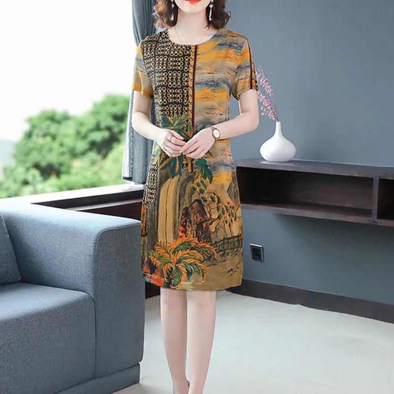 Summer Ice Silk Short Dress Plus Size Clothing Women Casual Comfortable Skirt Short Sleeve Dress