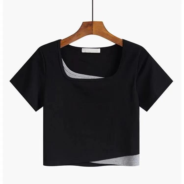 Two-piece Layered Airline Navy High Waist Straight Short Sleeve Top Women's T-Shirt