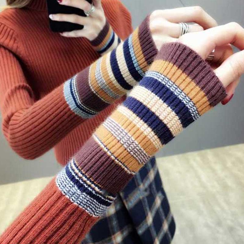 Pofulove Women Striped Turtleneck Sweater Winter Long Sleeve Slim Knitted Pullover Bottoming Shirt