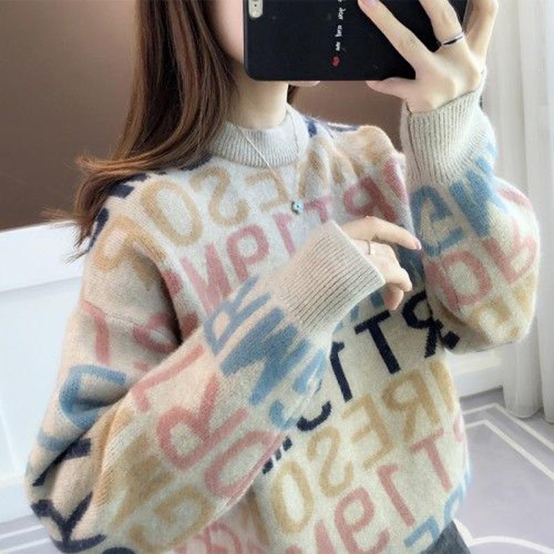 Autumn  Winter Ladies Sweater Women Half High Neck Long Sleeve Pullover Loose Outer Wear Casual Thick