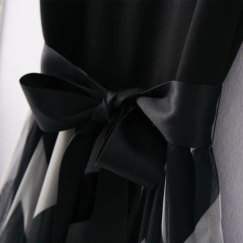 Women's Strapless V-neck Striped Dress Large Skirt Mesh Skirt Temperament Lady Style Long Stitching Dress Can Be Worn with A Belt and Waist Is Slim
