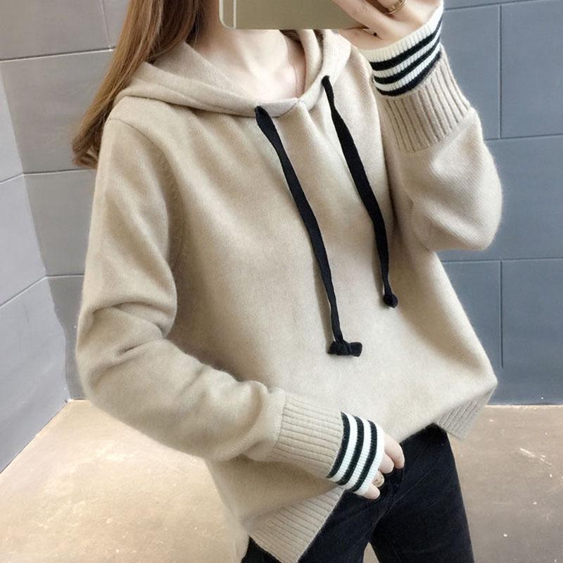 Spring and Autumn All-match Hooded Sweater Knit Korean Short Tops Fashion Casual Women's Jacket