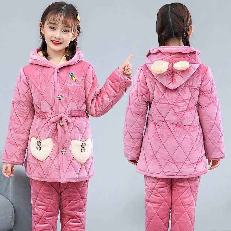 Children Girls Polar Fleece Winter Plus Cotton Pajamas Students Plus Velvet Thick Coral Fleece Flannel Pajamas Pajamas To Keep Warm