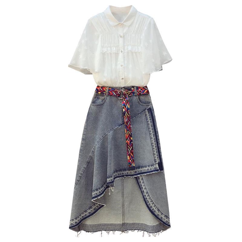 Fashion  2 Piece Set Skirt and Tops Plus Size Women Summer Pleated Short-sleeve Shirt Asymmetric Denim Skirt Two-piece Set