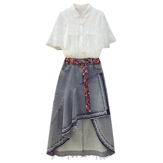 Fashion  2 Piece Set Skirt and Tops Plus Size Women Summer Pleated Short-sleeve Shirt Asymmetric Denim Skirt Two-piece Set