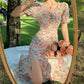 Women's Summer Floral Chiffon Skirt Puff Sleeve V-neck Midi Skirt