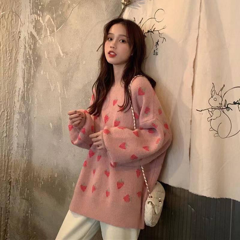 Autumn and Winter Knitted Strawberry Sweater Female Loose Round Neck Long Sleeved Sweater