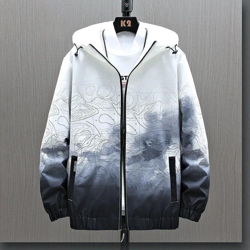 Large Size Ink Pattern Jacket Casual Hooded Windbreaker Spring Waterproof Coat Comfortable Top Regular Men