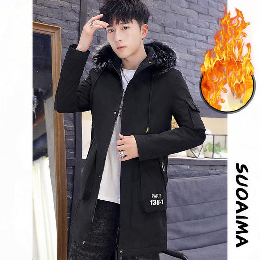 Autumn and Winter Men's Trendy Jacket Mid-length Plus Velvet Thickened Student Windbreaker