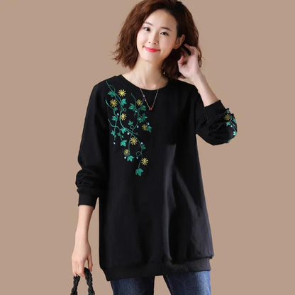 Women Ladies Long Sleeve Loose Blouse Summer Round Neck Casual T-Shirts Tops Clothing embroidery Casual Soft Pullover