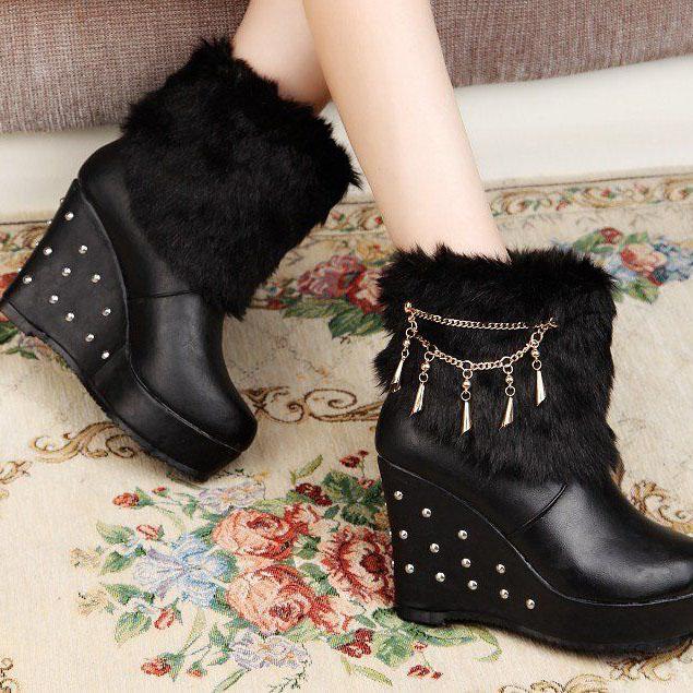 Women's Winter Thick Soled High Heel Short Boots Simulated Rabbit Hair Women's Boots Waterproof Wedged-heel Snow Boots
