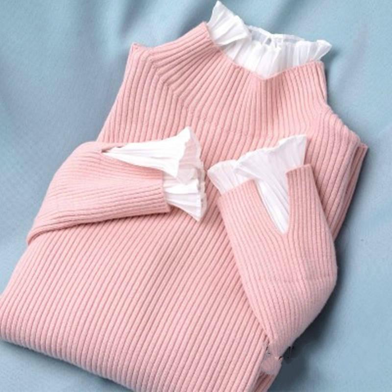 Pofulove Thickened Pullover Turtleneck Bottoming Sweater Women Winter Lotus Leaf Short-sleeved Shirt