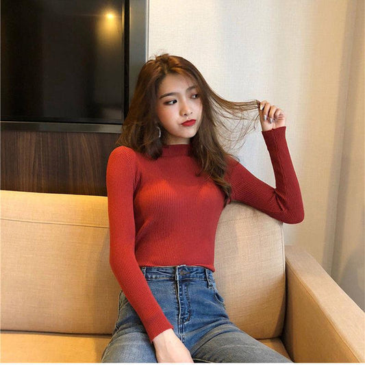 Winter Half Turtleneck Pullover Sweater Bottoming Shirt Women Slim Tight white Sweater