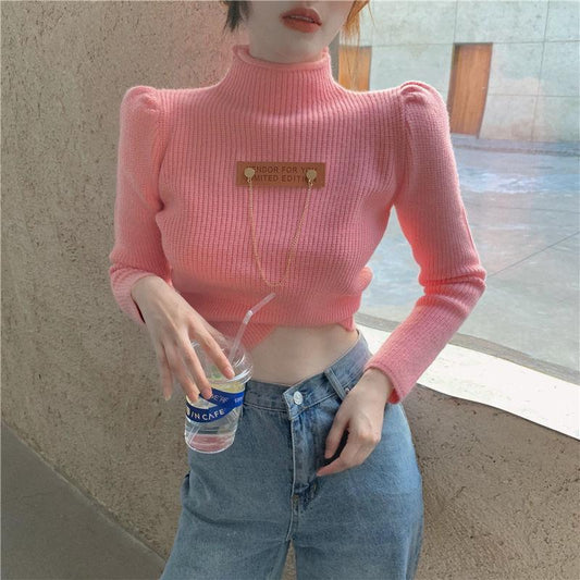Turtleneck Design Sense Sweater Women's Niche Fall Winter Short Slim Outer Wear Small Knit Sweater Top