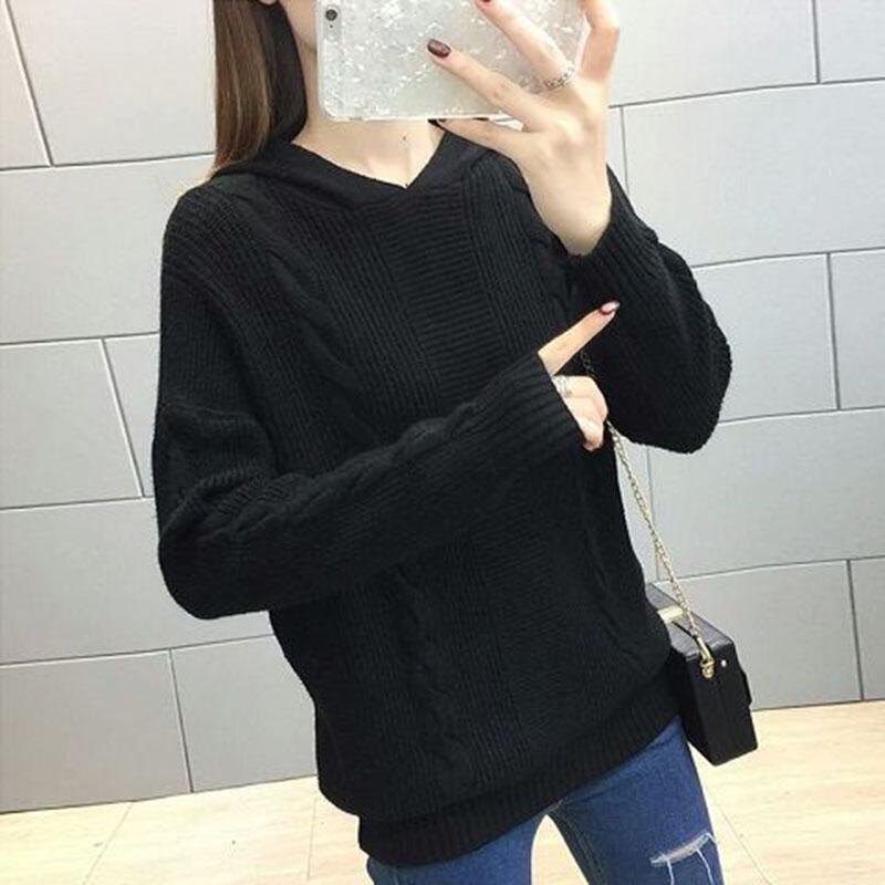 Sweater Women Winter V-Neck Solid Color Hooded Sweater Long Sleeve Pullover Knitted Sweater