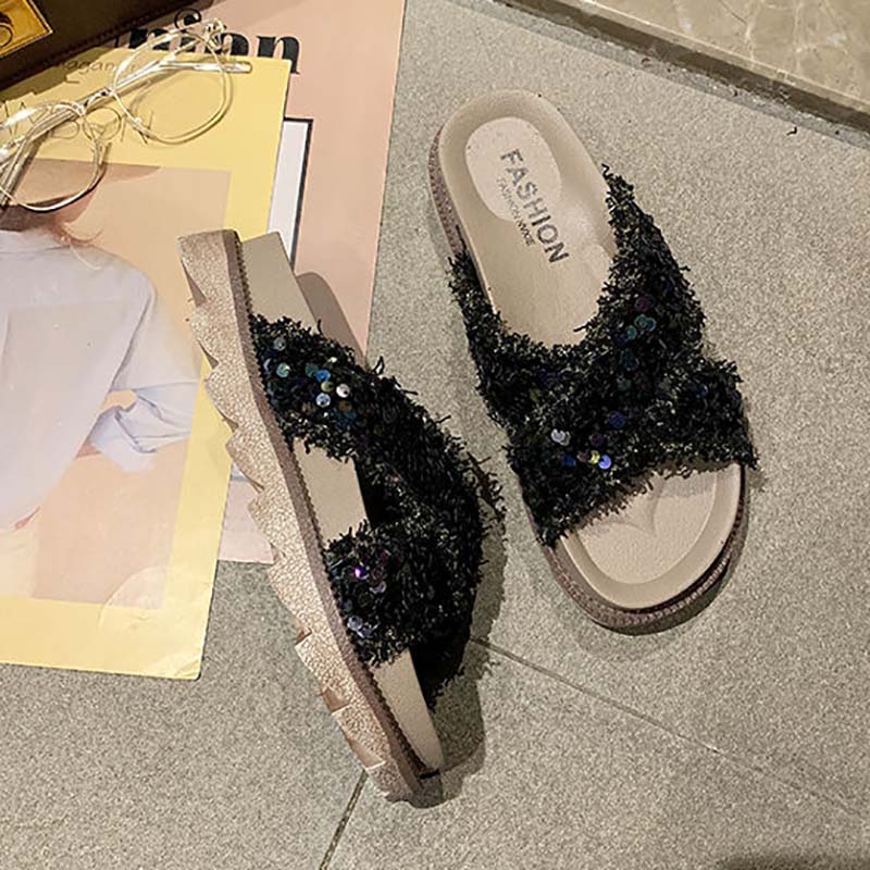 Sandals and Slippers Women's Summer Wear Korean Version of Flat-bottom Non-slip Cross Sequins Sponge Cake Thick-bottom Beach