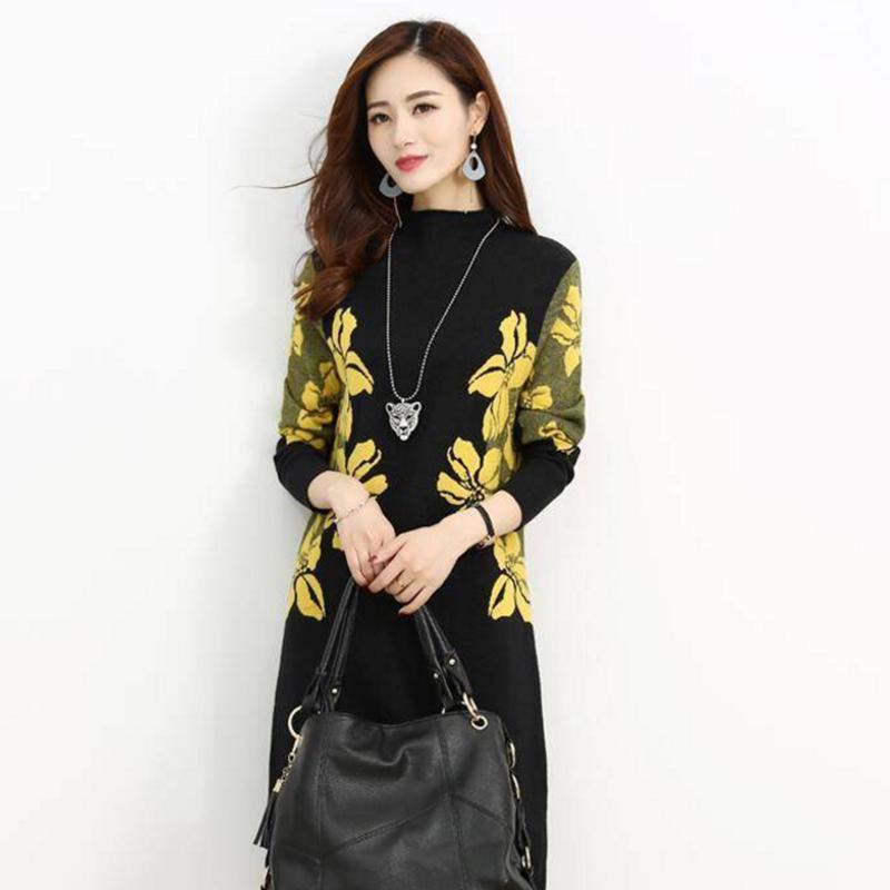 Pofulove fashion women's printed turtleneck plus velvet thick long-sleeved loose dress Plus size