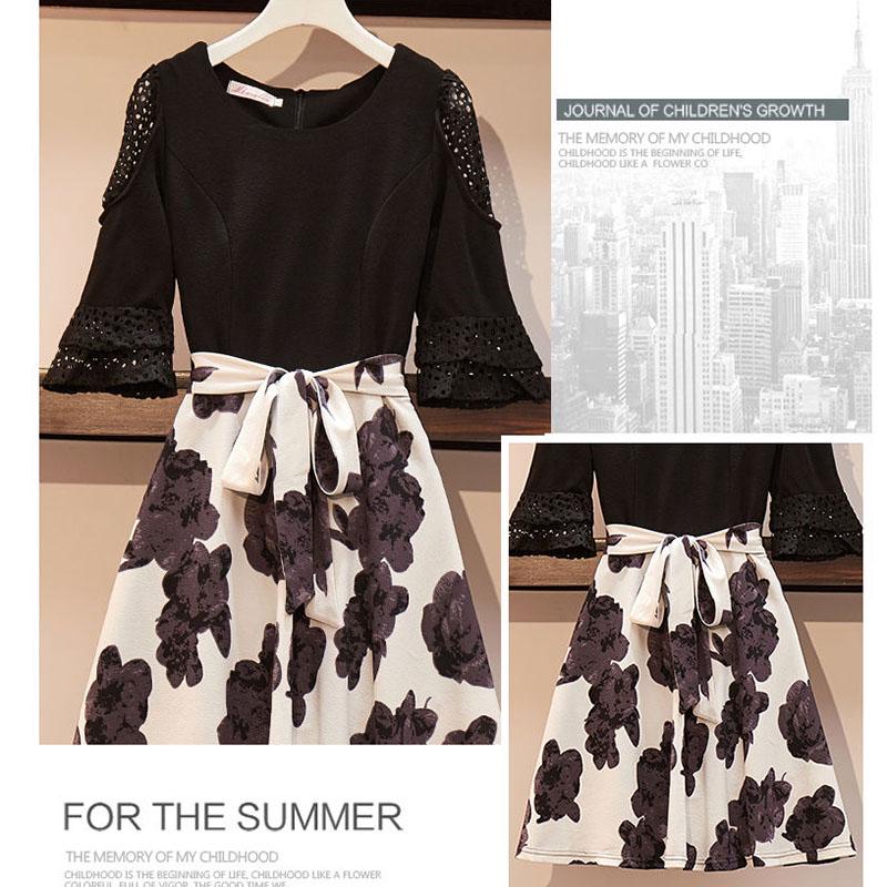 Plus Size Dress Women Fake Two-piece Skirt Dress Summer Loose Half  Sleeve Printed Dress