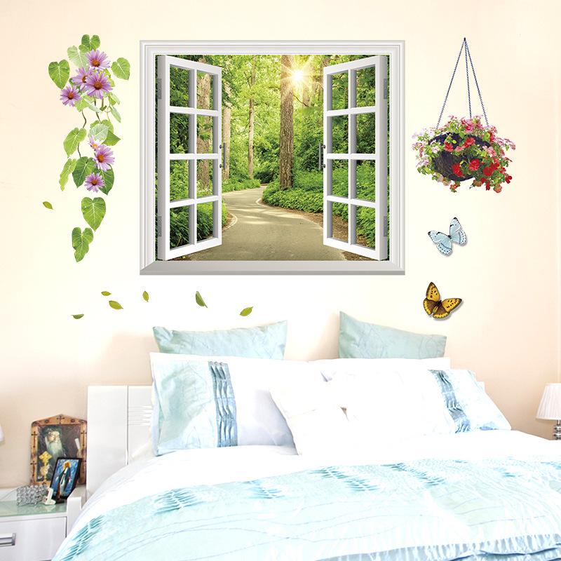 Tree-lined false window home wall sticker Window garden wall decoration background sticker wallpaper