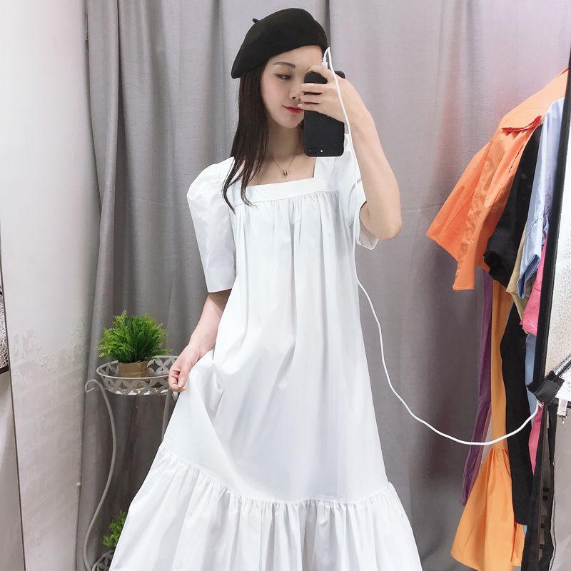 Square Collar Dress Female Summer Retro Puff Sleeve Temperament Was Thin Loose Mid-length Skirt Retro Princess Style Dress