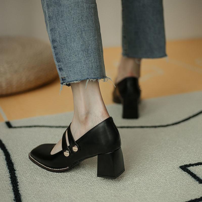 Single Shoes Women's Autumn One-step Thick Heel Casual Sweet Shallow Mouth Square Toe All-match Mary Jane Shoes Women