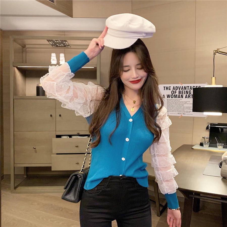Pofulove Lovely Crew Neck Lace Cuffs Base Knitwear Skin-friendly High Elastic Button Jumper Sweater