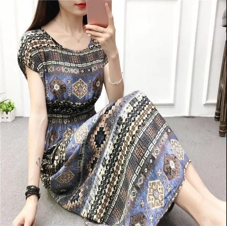 Plus Size Long Dress Ink Painting Print Short Sleeve Dress Casual Comfort Cotton Dresses Summer