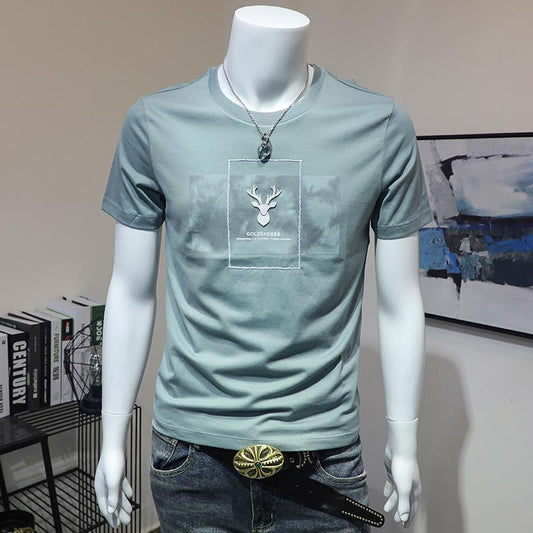 Summer Personality Youth T-shirt Male Short-sleeved Printing Deer Head Animal Pattern Round Neck Trendy Top
