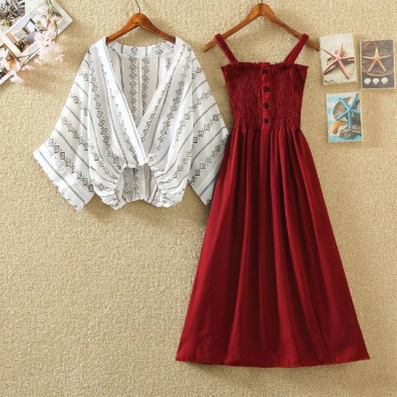 Women Plus Size 2piece Set Summer Deep V-neck Bat Blouse Strap Dress Two-Piece Set