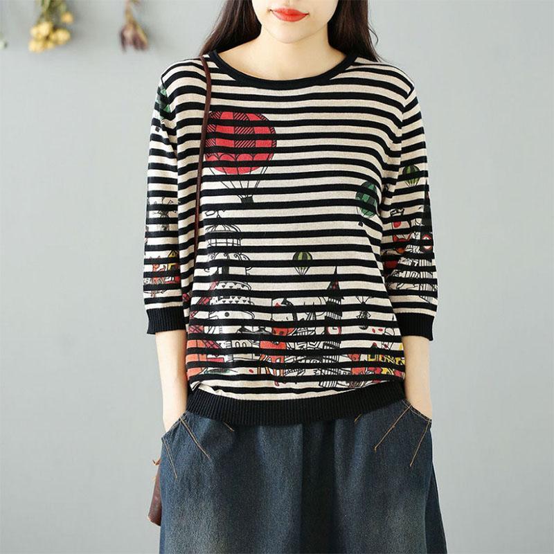Literary Style Three-quarter Sleeve Retro Print Mother Shirt Large Size Pullover Loose All-match Knitted Sweater