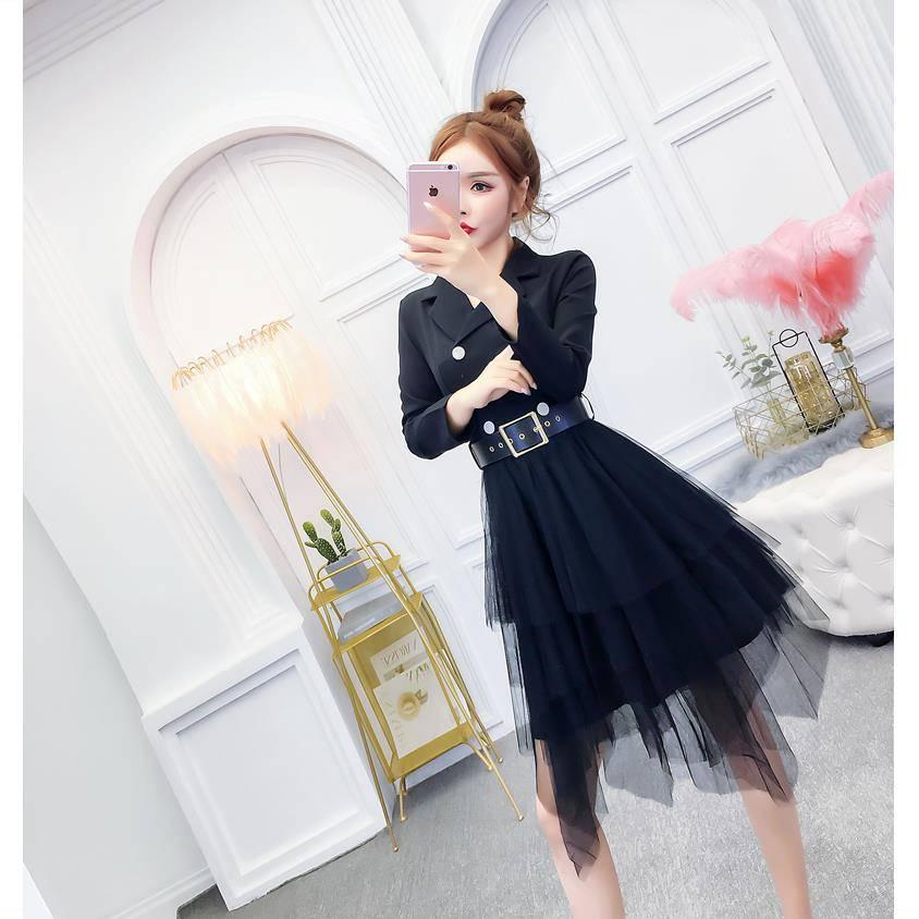 High Cold Irregular Suit Skirt Waist Was Thin Double-breasted Mesh Gauze Jacket Dress