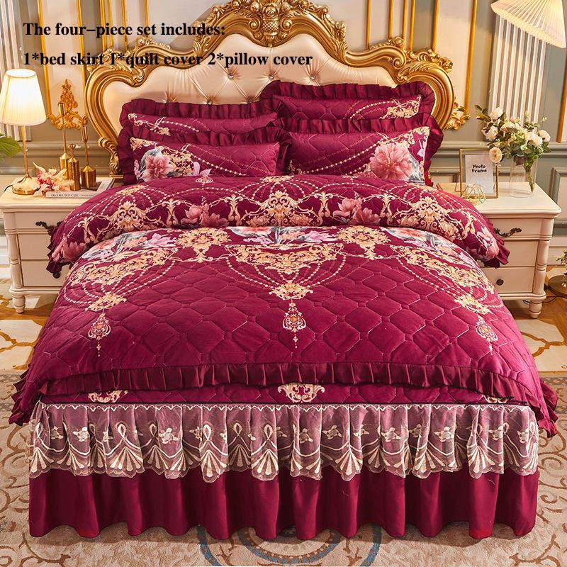Quilted Crystal Velvet Bed Skirt Four-piece Thick Plus Cotton Bedspread Duvet Cover Bedding Set