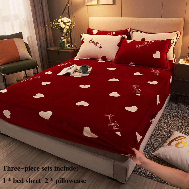 Warm Coral Velvet Bed Three-piece Bed Cover All-inclusive Printing Protective Cover Home Double Bed Set