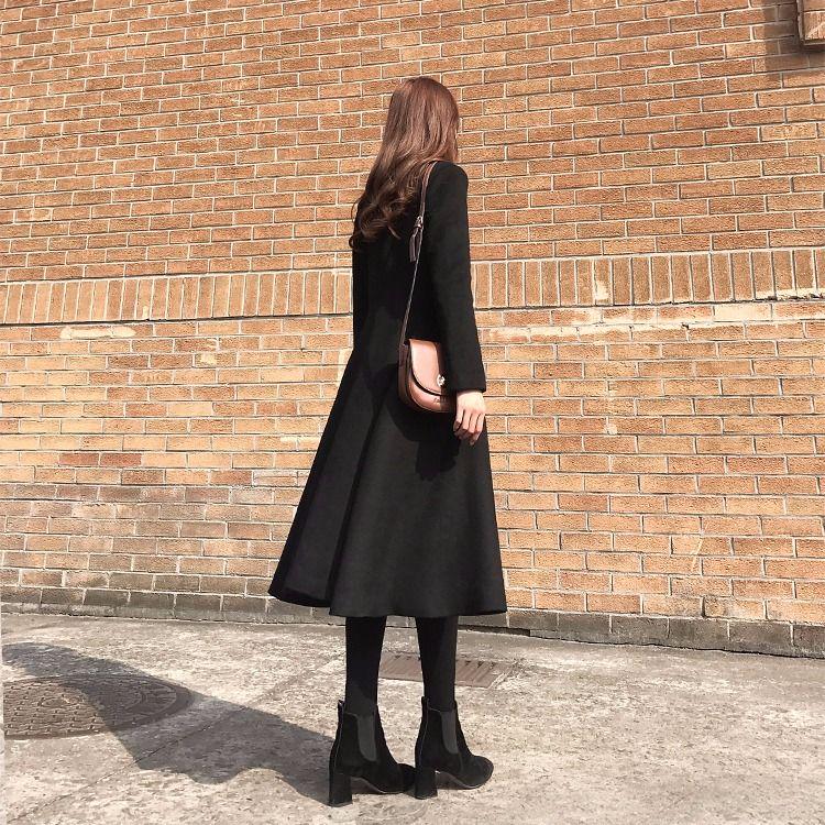Coat Female 2019 Black Long Paragraph Over The Knee Coat Winter Double-breasted Woolen Coat Jacket