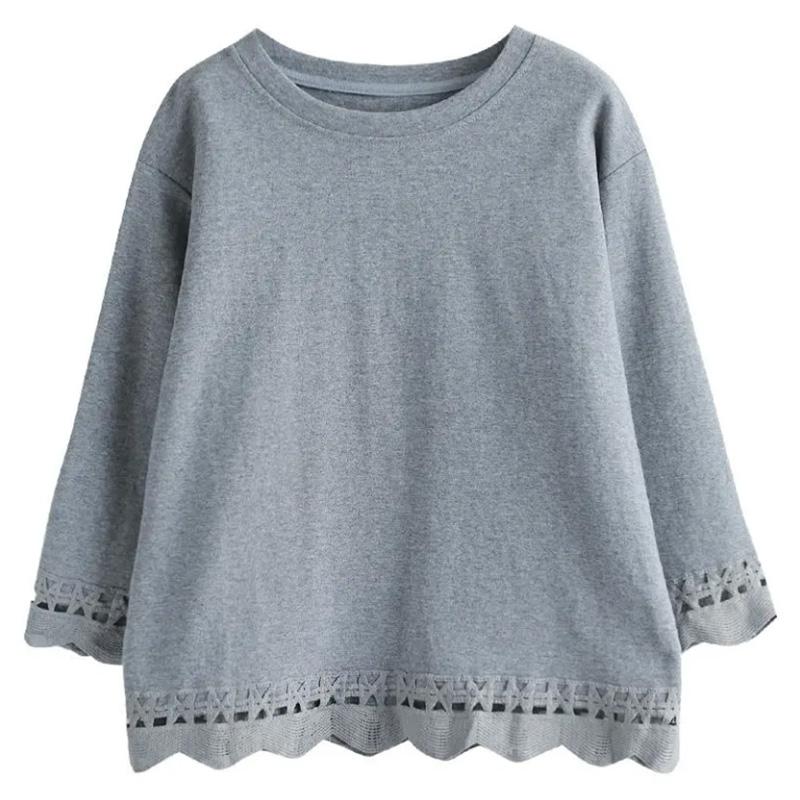 Cotton T-shirt Women's Round Neck Versatile Floral Hollow Out Thin Large Size Loose Three-quarter Sleeve Bottoming Shirt