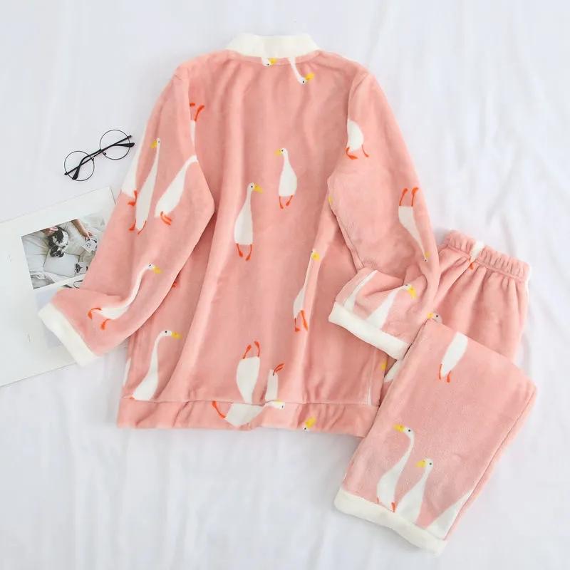 Autumn Winter Flannel Pajamas Suits Thick Warm Velvet Sleepwear Set Coral Fleece Cartoon Cute Home Wear Loose Casual Front Button V Neck Long Sleeve